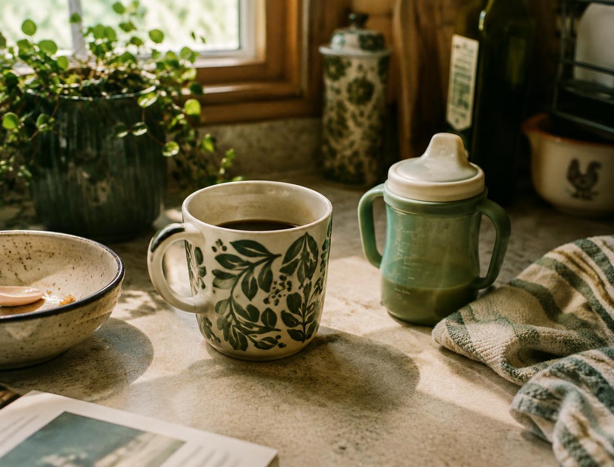 Cold coffee in a mug beside a toddler's sippy cup on a sunlit kitchen counter.